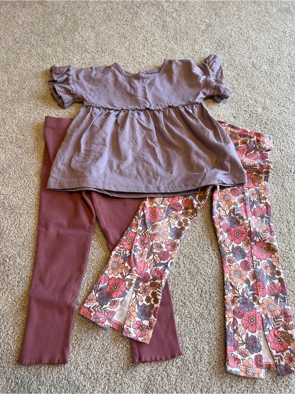 3 Piece Set - Girls Purple Top with Mauve and Floral Leggings - Size 4T